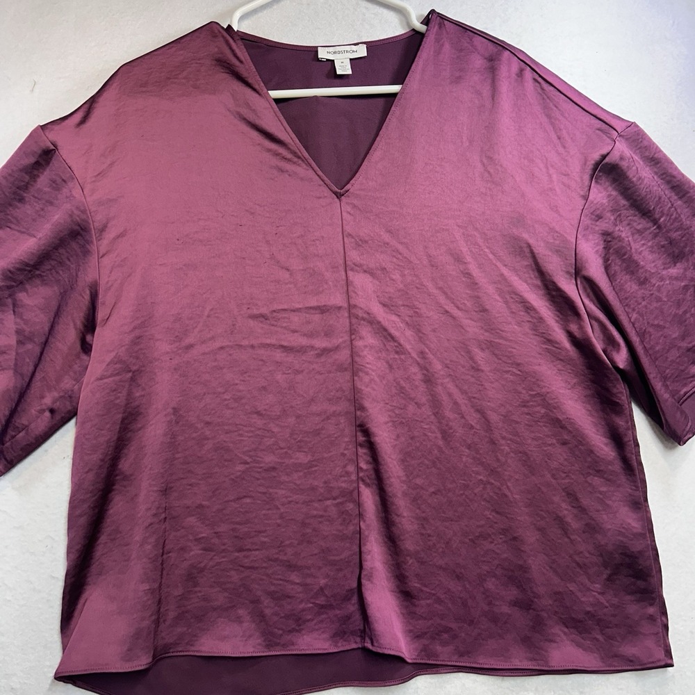 Nordstrom Burgundy Satin Blouse Size M Oversized Short Sleeve
